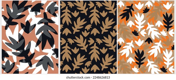 Hand Drawn Geometric Seamless Vector Patterns. White, Gold and Black Leaves on a Brown, Black and Orange Background. Simple Abstract Repeatable Print with Twigs ideal for Fabric, Wrapping Paper.