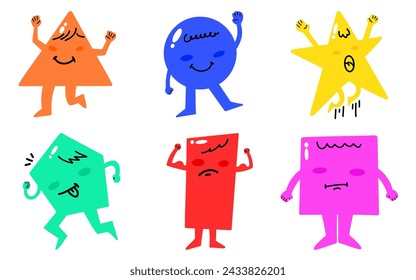 Hand drawn geometric shape characters. Doodle abstract characters. Trendy funny characters vector illustration.