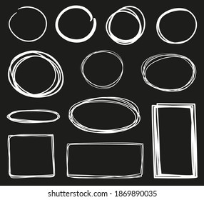 Hand drawn geometric shapes. Circle, oval, rectangle. White outline elements on isolated black background. Freehand art. Abstract sketches. Black and white illustration