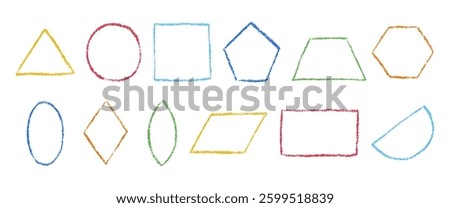 Hand drawn geometric shapes with crayon brush texture. Colored pencil outline figures. Circle, triangle, square, trapezoid, rhombus and other. Vector illustration isolated on a white background.
