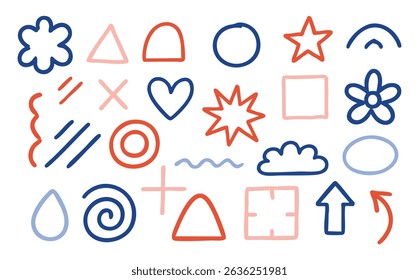 Hand Drawn Geometric Shapes and Doodle Symbols, Collection of hand drawn doodle shapes, symbols, and icons