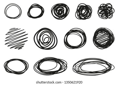 Hand drawn geometric shapes on isolated white background. Abstract symbols. Wavy tangled backdrops. Elements for posters and flyers. Black and white illustration