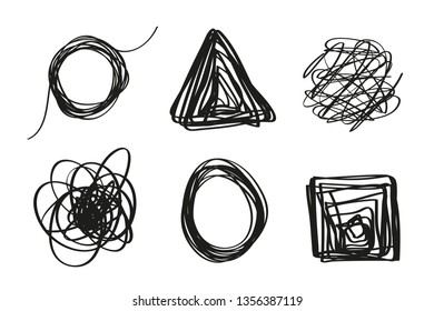 Hand drawn geometric shapes on isolated white background. Abstract symbols. Wavy tangled backdrops. Elements for posters and flyers. Black and white illustration