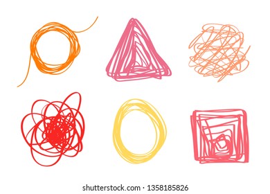 Hand drawn geometric shapes on isolated white background. Abstract symbols. Wavy tangled backdrops. Elements for design