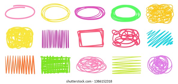 Hand drawn geometric shapes on isolated white background. Wavy tangled patterns. Colorful illustration. Sketchy elements for design