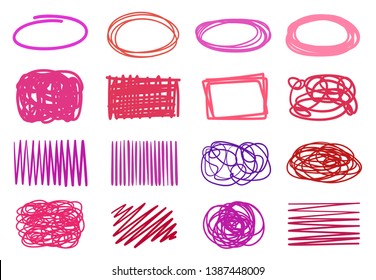 Hand drawn geometric shapes on isolated white background. Wavy tangled patterns. Colorful illustration. Sketchy elements for design