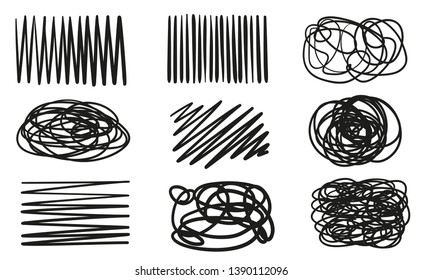 Hand drawn geometric shapes on isolated white background. Abstract wavy tangled backdrops. Elements for design. Black and white illustration