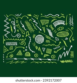 formas geométricas dibujadas a mano sobre fondo verde, signos de flecha. garabato de formas diversas