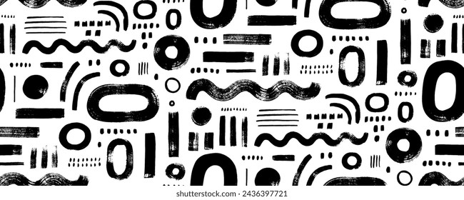 Hand drawn geometric shapes seamless banner design in Memphis style. Abstract geometric decorative background with various bold lines and shapes, squiggles, scribbles, circles and dots.