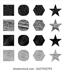 Hand Drawn Geometric Shapes Set Scribble Style Vector Icons.