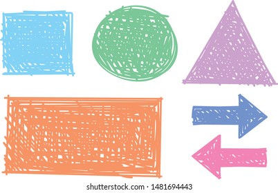 hand drawn geometric shapes. square, round, triangle, rectangle and arrow signs