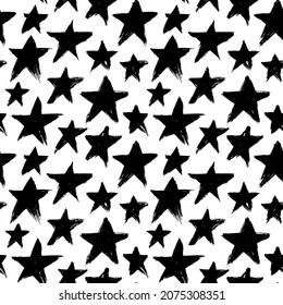 Hand drawn geometric star seamless pattern. Modern monochrome abstract vector texture with scattered stars. Scandinavian abstract geometric pattern. Brush strokes texture. Black ink grunge ornament. 