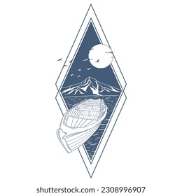 Hand drawn geometric travel badge with mountains silhouette, travel boat, full moon and birds. Wanderlust. Adventure. Vector isolated illustration for t-shirt design, posters, stickers, tatoo, logo