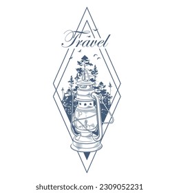 Hand drawn geometric travel badge with forest trees silhouette, kerosene lamp and lettering "Travel". Wanderlust. Vector isolated illustration for t-shirt design, posters, stickers, tatoo, logo