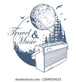 Hand drawn geometric travel badge with forest trees silhouette, radio, full moon and lettering "Travel and Music". Wanderlust. Vector isolated illustration for t-shirt design, posters, stickers, tatoo