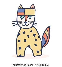 Hand drawn geometric vector cat illustration with childish rainbow pattern. Cartoon style geometric kitten character motif. Feline animal shape as kids fashion kitty clipart.