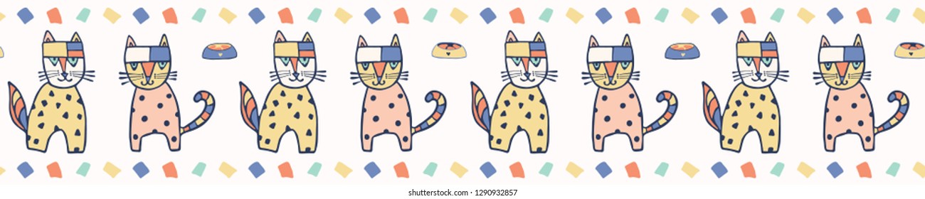 Hand drawn geometric vector cats. Seamless repeating border illustration with childish rainbow color. Cartoon style geometric kitten character washi. Feline animal trim. Kids fashion kitty banner.

