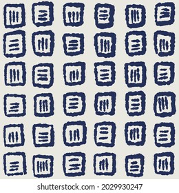 Hand drawn geometrical imperfect sketchy pattern with dark blue square shapes, 2 colors, shibory japanese fabric style.