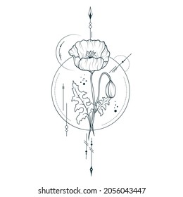 Hand drawn geometrical poppy flower. Vector illustration for invitations and greeting cards.