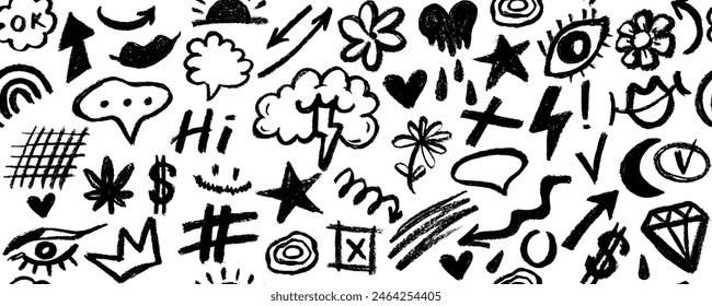 Hand drawn  geometry shapes and line doodle seamless pattern. Creative comic style art background, trendy design with scribble shapes on white backdrop.