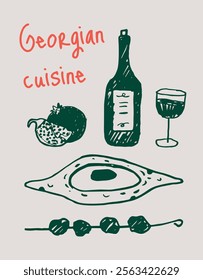 Hand drawn Georgian cuisine with Khachapuri, wine bottle and glass, pomegranate, grilled meat. Traditional food collection. Use for invitations, menus, posters, flyers. Flat vector illustration. 