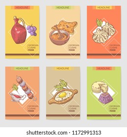 Hand Drawn Georgian Food Brochure Template. Georgia Traditional Cuisine with Dumpling and Khinkali. Vector illustration