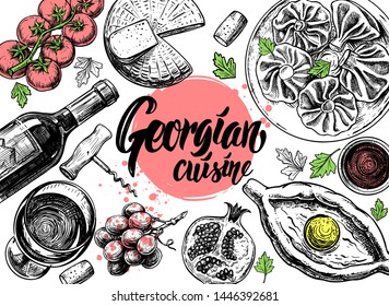 Hand Drawn Georgian Food Menu On White Background