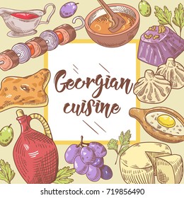 Hand Drawn Georgian Food Menu. Georgia Traditional Cuisine With Dumpling And Khinkali. Vector Illustration