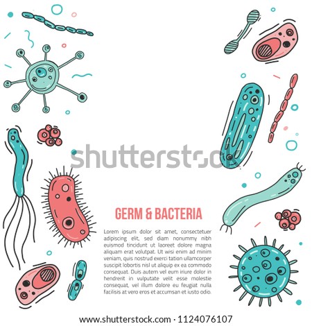 Hand drawn germ and bacteria banner for disease viruses flyers, brochures. Colorful flat vector illustration.
