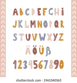 Hand drawn german alphabet in boho style. Cute childish letters and numbers for banners, nursery design, postcards. Clipart isolated in white background. Vector illustration in flat cartoon style.