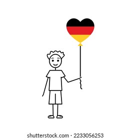 hand drawn german boy, love Germany sketch, male character with a heart shaped balloon, black line vector illustration, deutschland