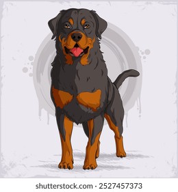 Hand drawn German dog breed Rottweiler Metzgerhund in full length standing and panting isolated