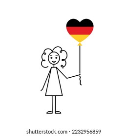 hand drawn german girl, love Germany sketch, curly girl with a heart shaped balloon, black line vector illustration, deutschland