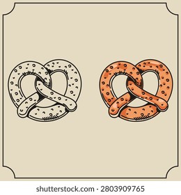 Hand Drawn German Pretzel Pack Black Outline and Colored Bavarian Brezel Snack Icons
