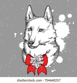 Hand drawn German Shepherd with bow and flower Print for t-shirts and bags, poster or greeting card