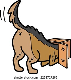 Hand Drawn German Shepherd Dog playing with box illustration in doodle style isolated on background