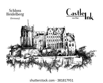 Hand drawn Germany Castle front of view ruins Ink old-fashioned vector style schloss Heidelberg