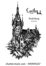 Hand drawn Germany Castle tower Ink old-fashioned vector style Heidelberg