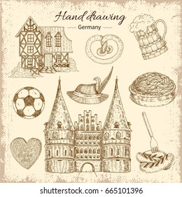 Hand drawn germany decorative icons set with isolated images of german architecture beer snacks and title vector illustration