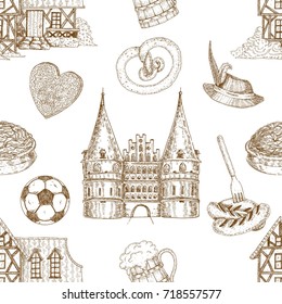 Hand drawn germany seamless pattern with isolated images of german culture traditional elements on blank background vector illustration