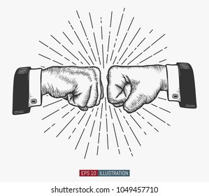 Hand drawn hand gesture. Fist to fist symbol. Linear vintage style sun rays background. Template for your design works. Engraved style vector illustration.