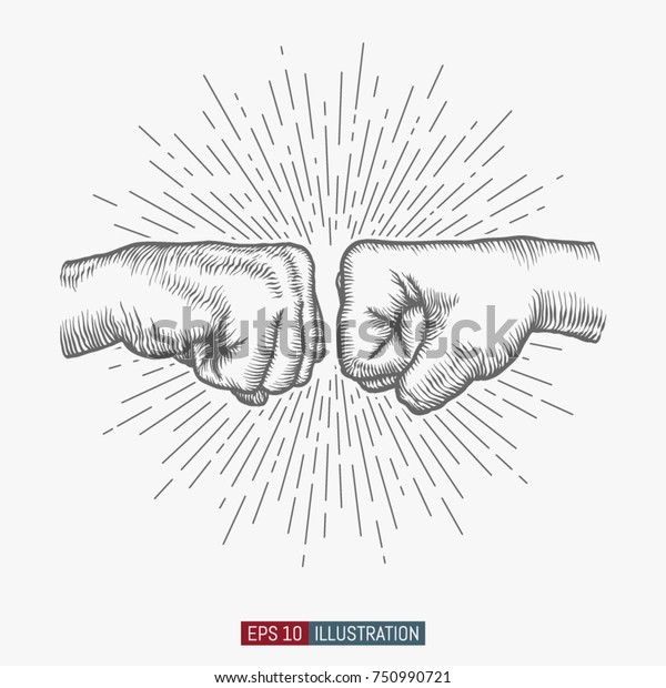 Hand drawn hand gesture. Fist to\
fist symbol. Linear vintage style sun rays background. Template for\
your design works. Engraved style vector\
illustration.