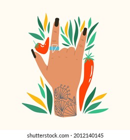 Hand drawn gesture with flowers and leaves. Trendy flat composition with rock and roll hand with tattoo and hot peppers. Isolated vector illustration for poster, card, T-shirt print.