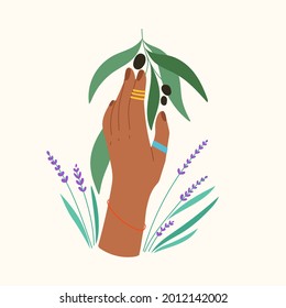 Hand drawn gesture with flowers and leaves. Trendy flat composition with hand holding olive branch and lavender. Concept for manicure, spa. Isolated vector illustration for poster, card, T-shirt print