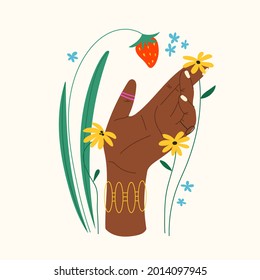 Hand drawn gesture with flowers and leaves. Trendy flat composition with hand holding strawberry. Isolated vector illustration for poster, card, T-shirt print. 