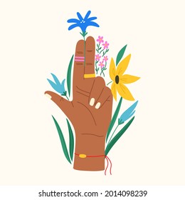 Hand drawn gesture with flowers and leaves. Trendy flat composition with hand holding flower. Isolated vector illustration for poster, card, T-shirt print. Concept for manicure, skincare, nails, spa.