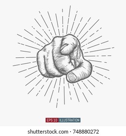 Hand drawn hand gesture. Forefinger. Linear vintage style sun rays background. Template for your design works. Engraved style vector illustration.