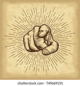 Hand drawn hand gesture. Forefinger on old craft paper texture background. Linear vintage style sun rays. Template for your design works. Engraved style vector illustration.
