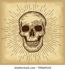 Hand drawn hand gesture. Human skull on old craft paper texture background. Linear vintage style sun rays. Template for your design works. Engraved style vector illustration.