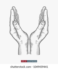 Hand drawn hand gesture. Safe palms.  Template for your design works. Engraved style vector illustration.
